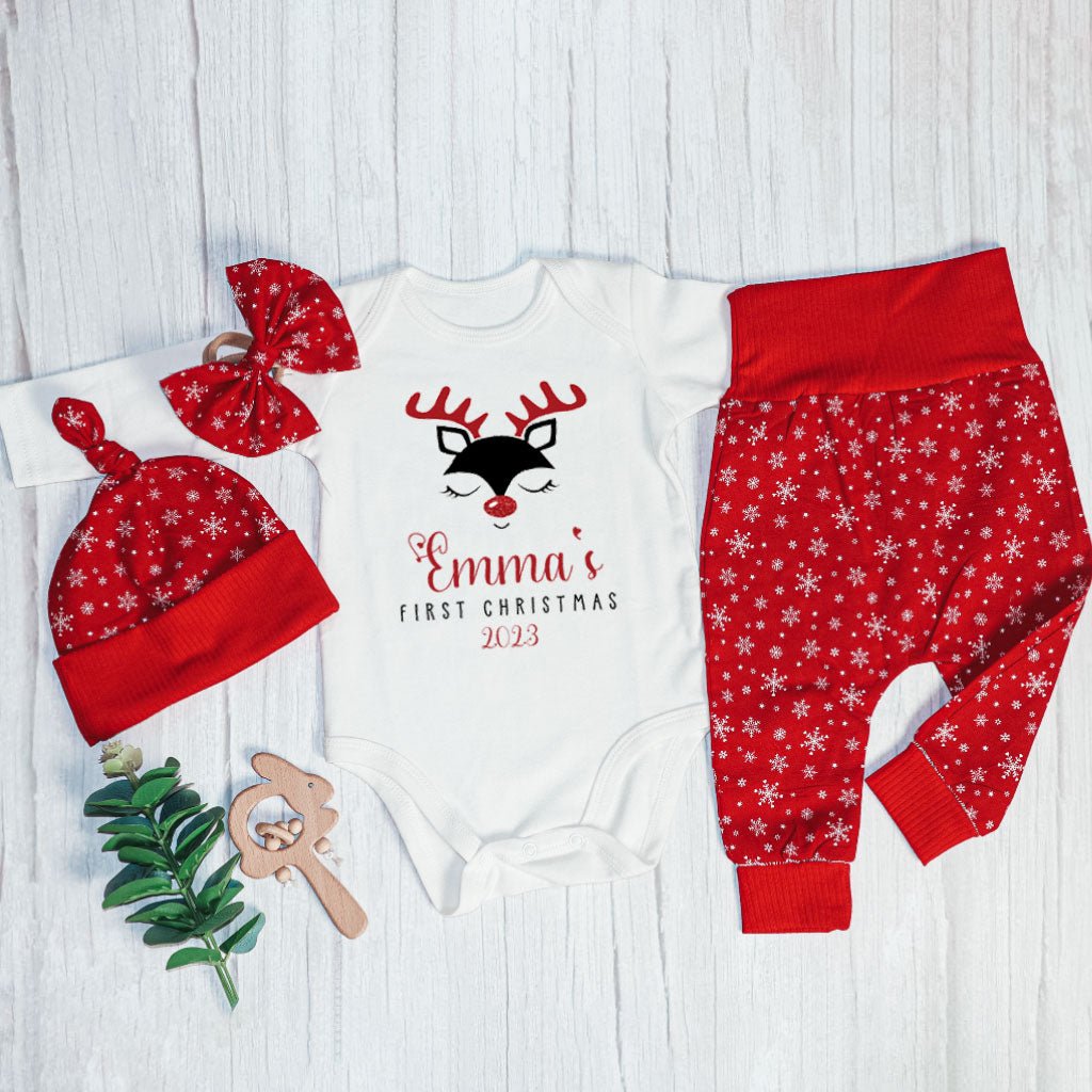 Personalized Christmas Baby Girl Onesies and Long Pants Set | Custom Infant Onesie Reindeer First Christmas Baby Name | Newborn Xmas Outfit - BabiChic