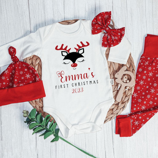 Personalized Christmas Baby Girl Onesies and Long Pants Set | Custom Infant Onesie Reindeer First Christmas Baby Name | Newborn Xmas Outfit - BabiChic