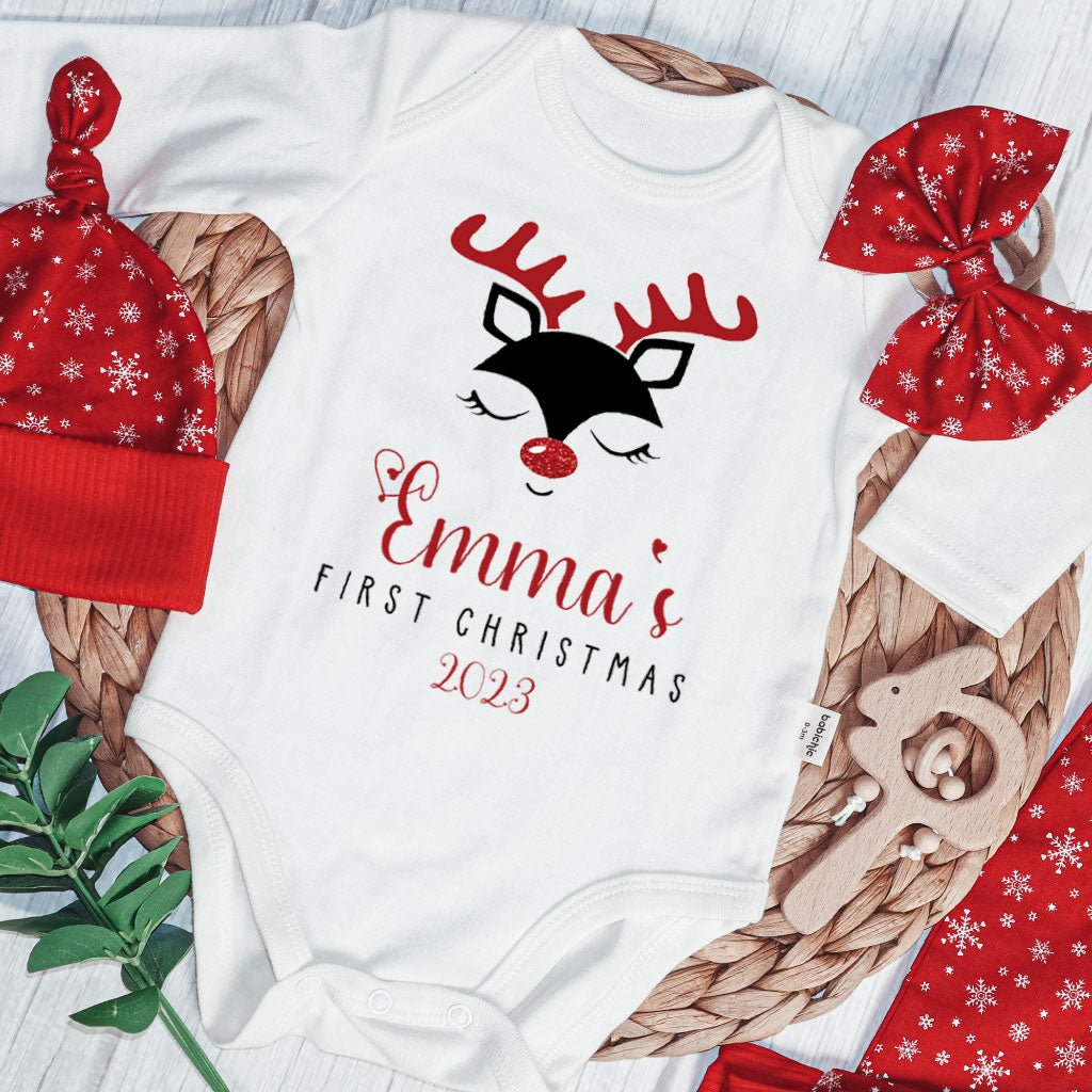 Personalized Christmas Baby Girl Onesies and Long Pants Set | Custom Infant Onesie Reindeer First Christmas Baby Name | Newborn Xmas Outfit - BabiChic