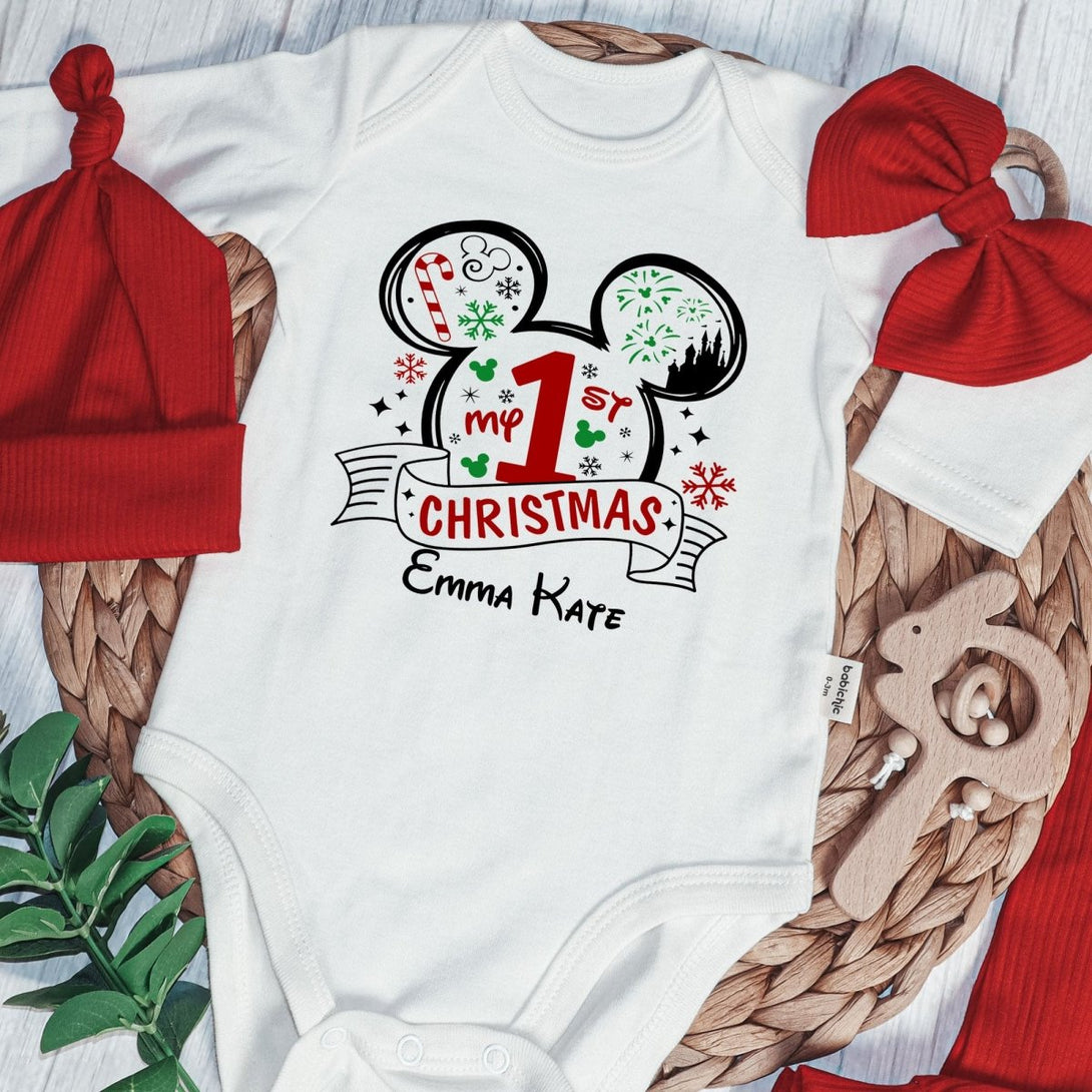 Personalized Christmas Baby Girl Onesies and Long Pants Set | White Long Sleeve Bodysuit Disney Christmas Trip Baby Name - BabiChic