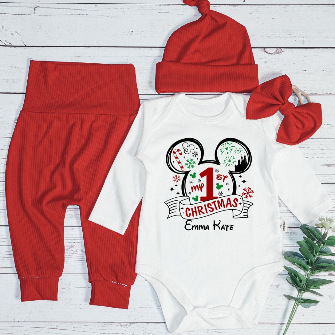 Personalized Christmas Baby Girl Onesies and Long Pants Set | White Long Sleeve Bodysuit Disney Christmas Trip Baby Name - BabiChic