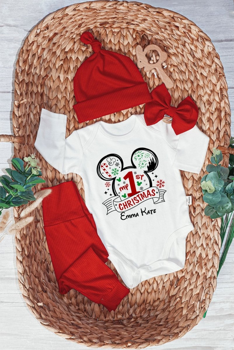 Personalized Christmas Baby Girl Onesies and Long Pants Set | White Long Sleeve Bodysuit Disney Christmas Trip Baby Name - BabiChic