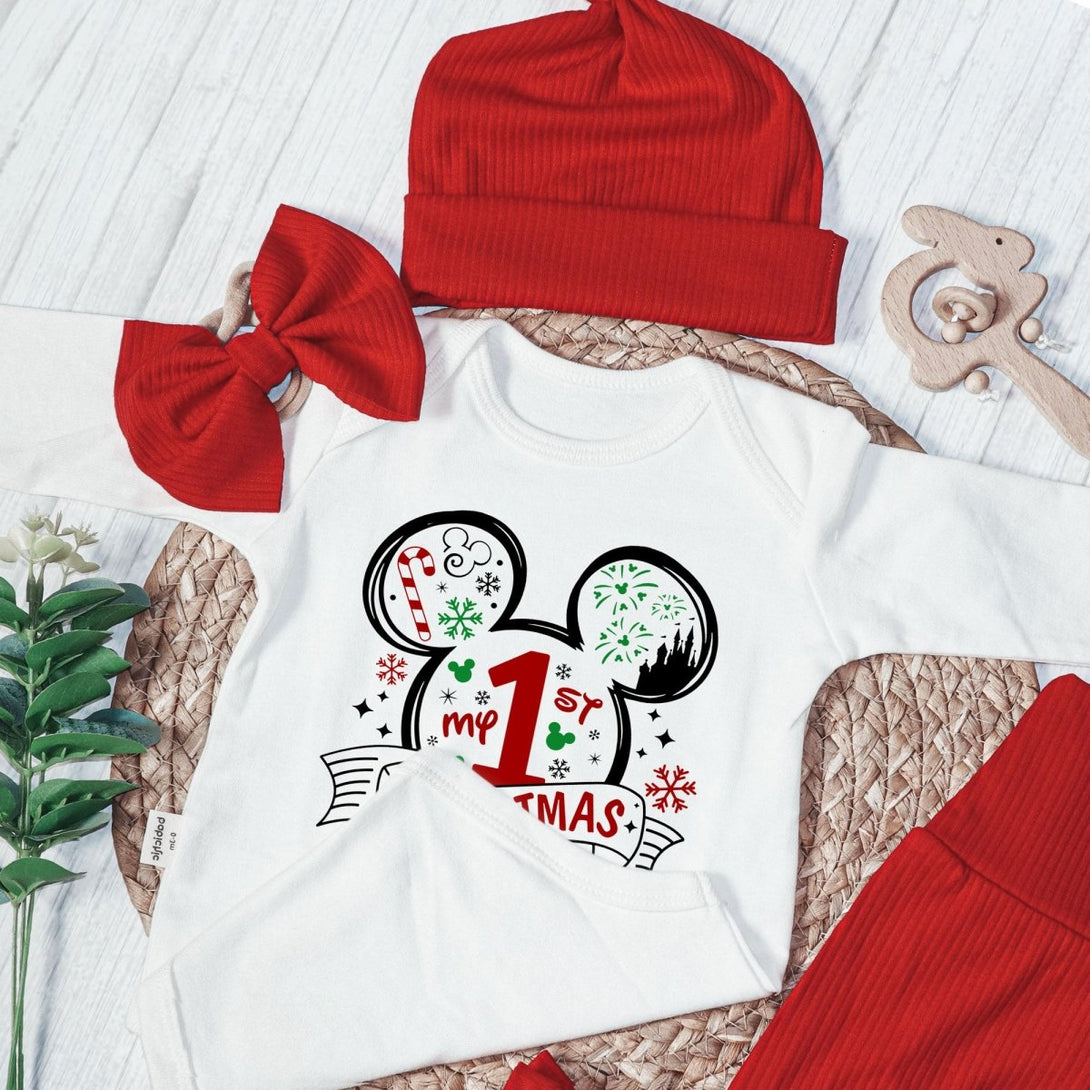 Personalized Christmas Baby Girl Onesies and Long Pants Set | White Long Sleeve Bodysuit Disney Christmas Trip Baby Name - BabiChic