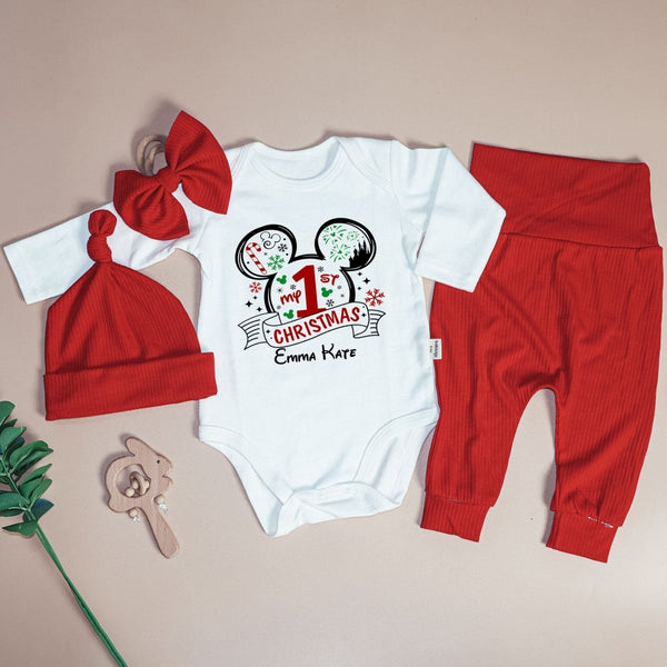 Personalized Christmas Baby Girl Onesies and Long Pants Set | White Long Sleeve Bodysuit Disney Christmas Trip Baby Name - BabiChic