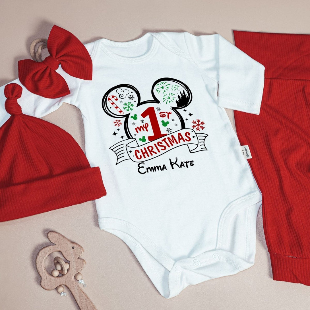 Personalized Christmas Baby Girl Onesies and Long Pants Set | White Long Sleeve Bodysuit Disney Christmas Trip Baby Name - BabiChic