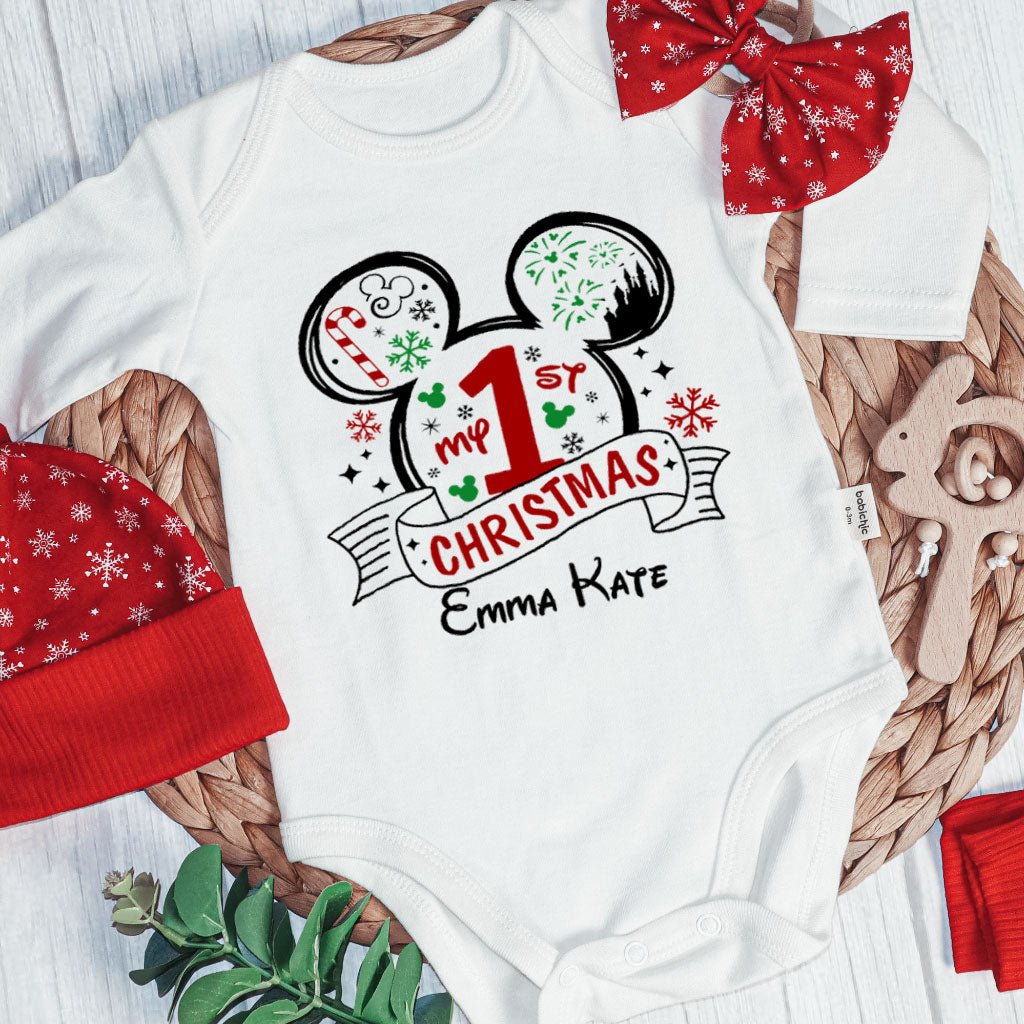 Personalized Christmas Baby Girl Onesies and Long Pants Set | White Long Sleeve Bodysuit Disney Christmas Trip Baby Name | Infant Christmas Outfit - BabiChic