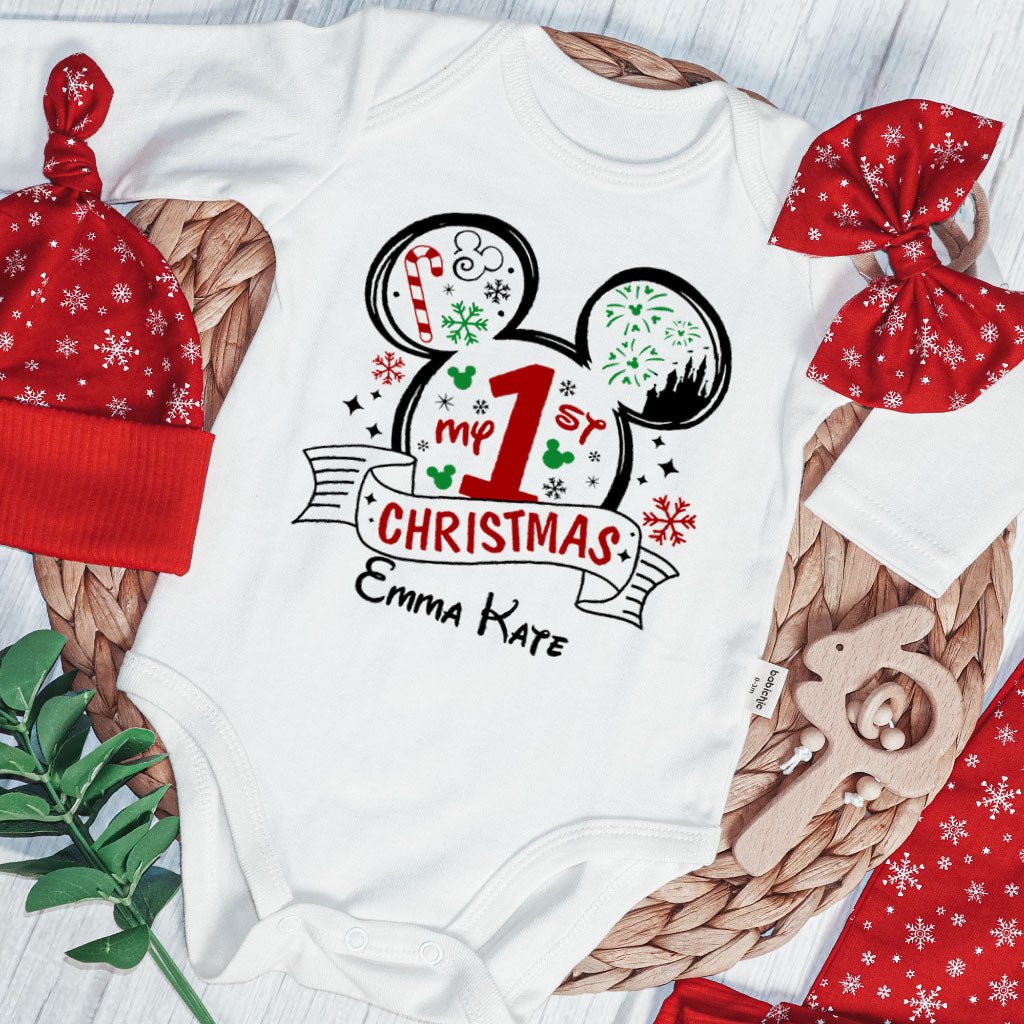 Personalized Christmas Baby Girl Onesies and Long Pants Set | White Long Sleeve Bodysuit Disney Christmas Trip Baby Name | Infant Christmas Outfit - BabiChic