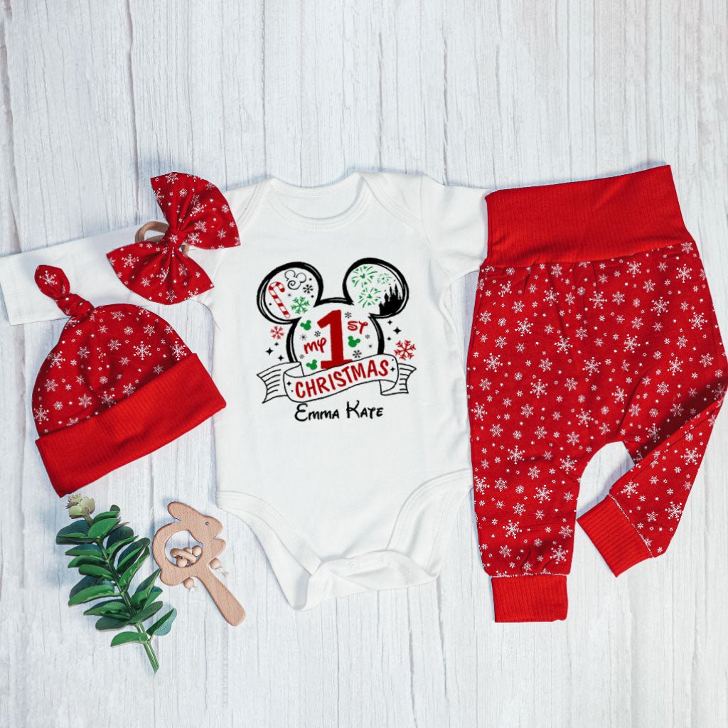 Personalized Christmas Baby Girl Onesies and Long Pants Set | White Long Sleeve Bodysuit Disney Christmas Trip Baby Name | Infant Christmas Outfit - BabiChic