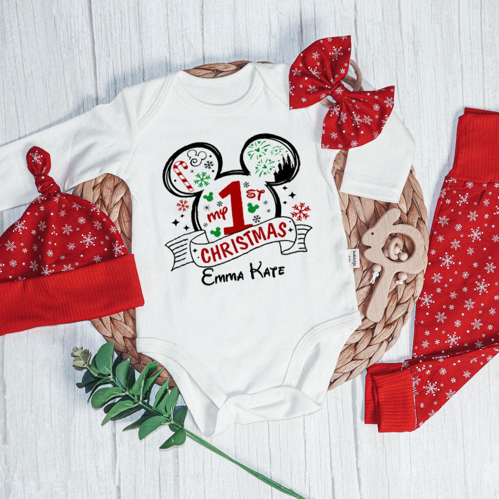 Personalized Christmas Baby Girl Onesies and Long Pants Set | White Long Sleeve Bodysuit Disney Christmas Trip Baby Name | Infant Christmas Outfit - BabiChic