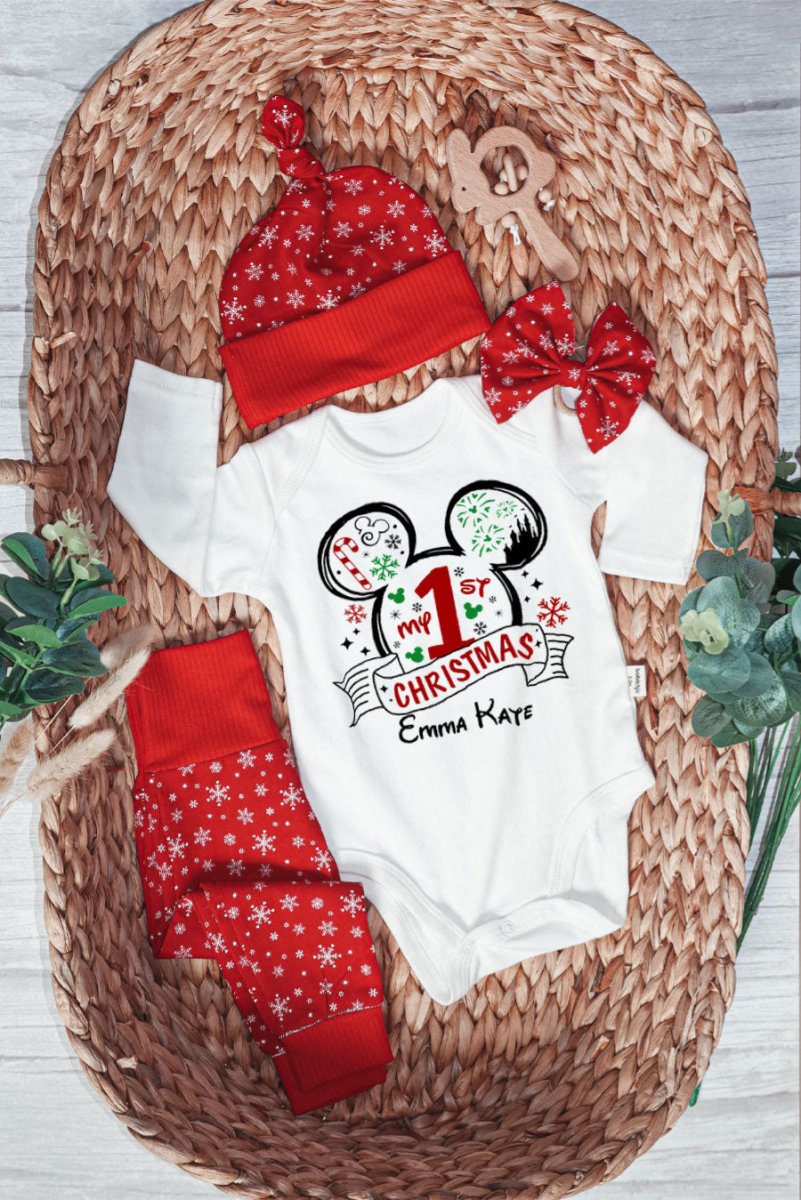 Personalized Christmas Baby Girl Onesies and Long Pants Set | White Long Sleeve Bodysuit Disney Christmas Trip Baby Name | Infant Christmas Outfit - BabiChic