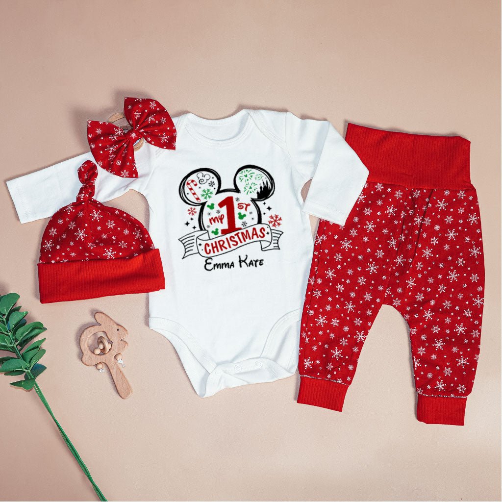 Personalized Christmas Baby Girl Onesies and Long Pants Set | White Long Sleeve Bodysuit Disney Christmas Trip Baby Name | Infant Christmas Outfit - BabiChic