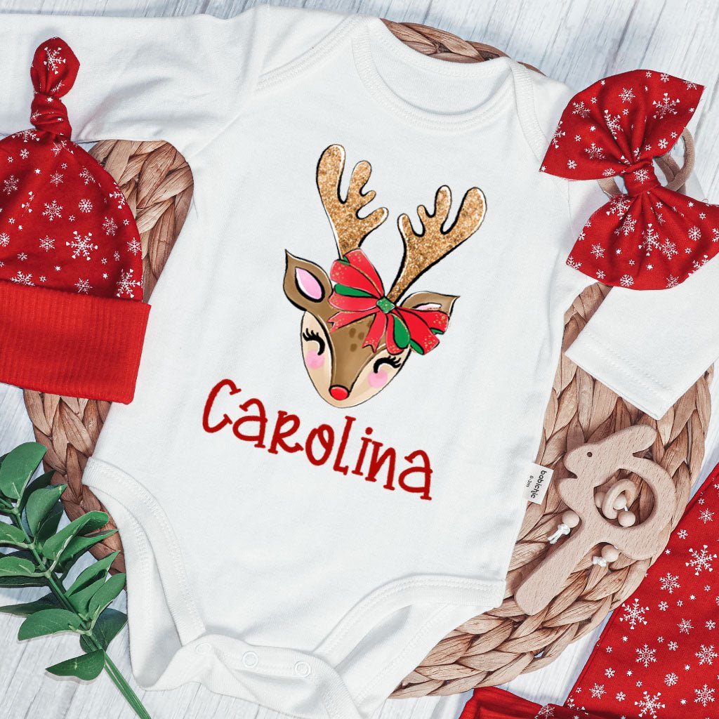 Personalized Christmas Baby Girl Onesies and Long Pants Set | White Long Sleeve Bodysuit Reindeer Baby Name First Christmas - BabiChic