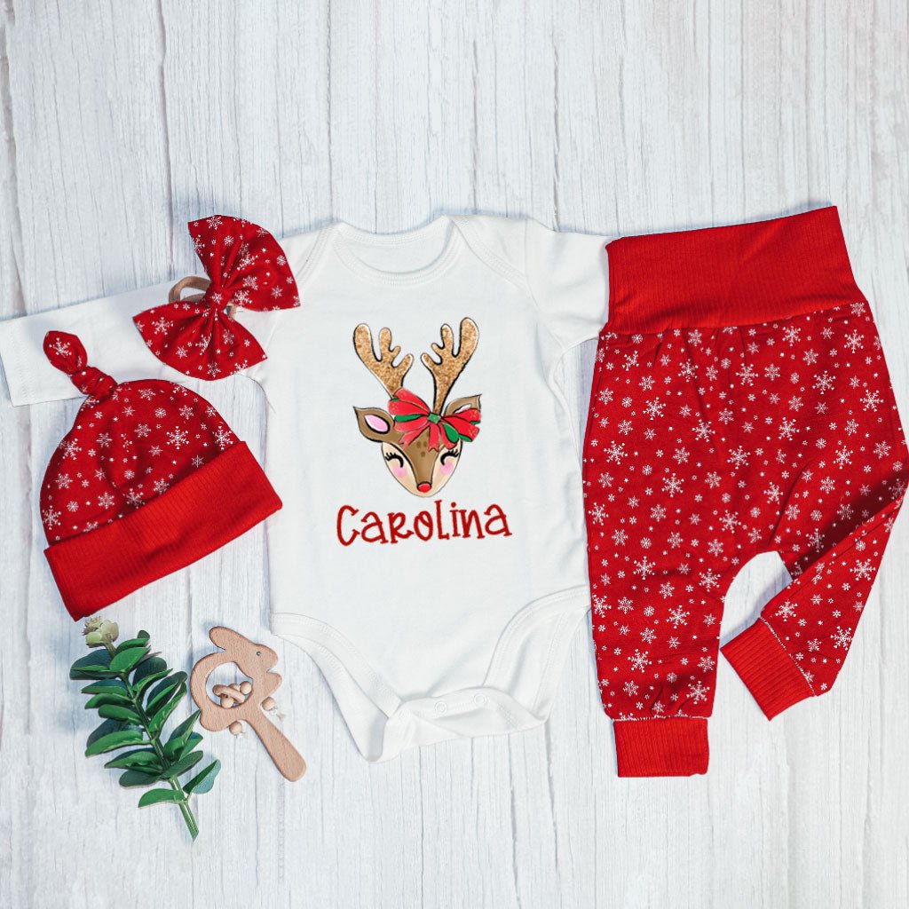 Personalized Christmas Baby Girl Onesies and Long Pants Set | White Long Sleeve Bodysuit Reindeer Baby Name First Christmas - BabiChic