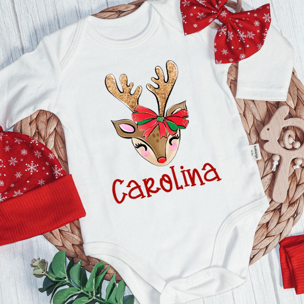 Personalized Christmas Baby Girl Onesies and Long Pants Set | White Long Sleeve Bodysuit Reindeer Baby Name First Christmas - BabiChic