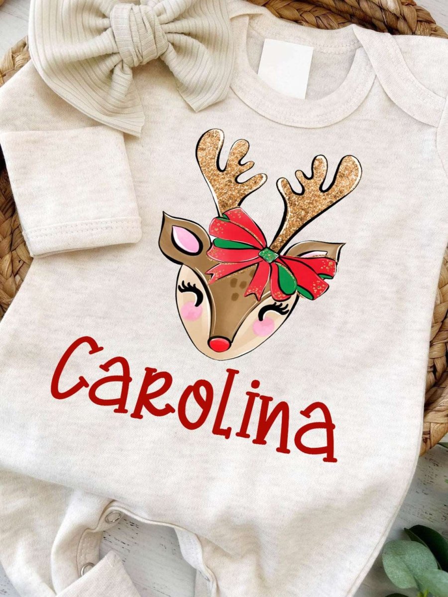 Personalized Christmas Baby Girl Romper with Bow or Hat | Oatmeal Romper Reindeer Baby Name First Christmas | Infant Christmas Clothes - BabiChic