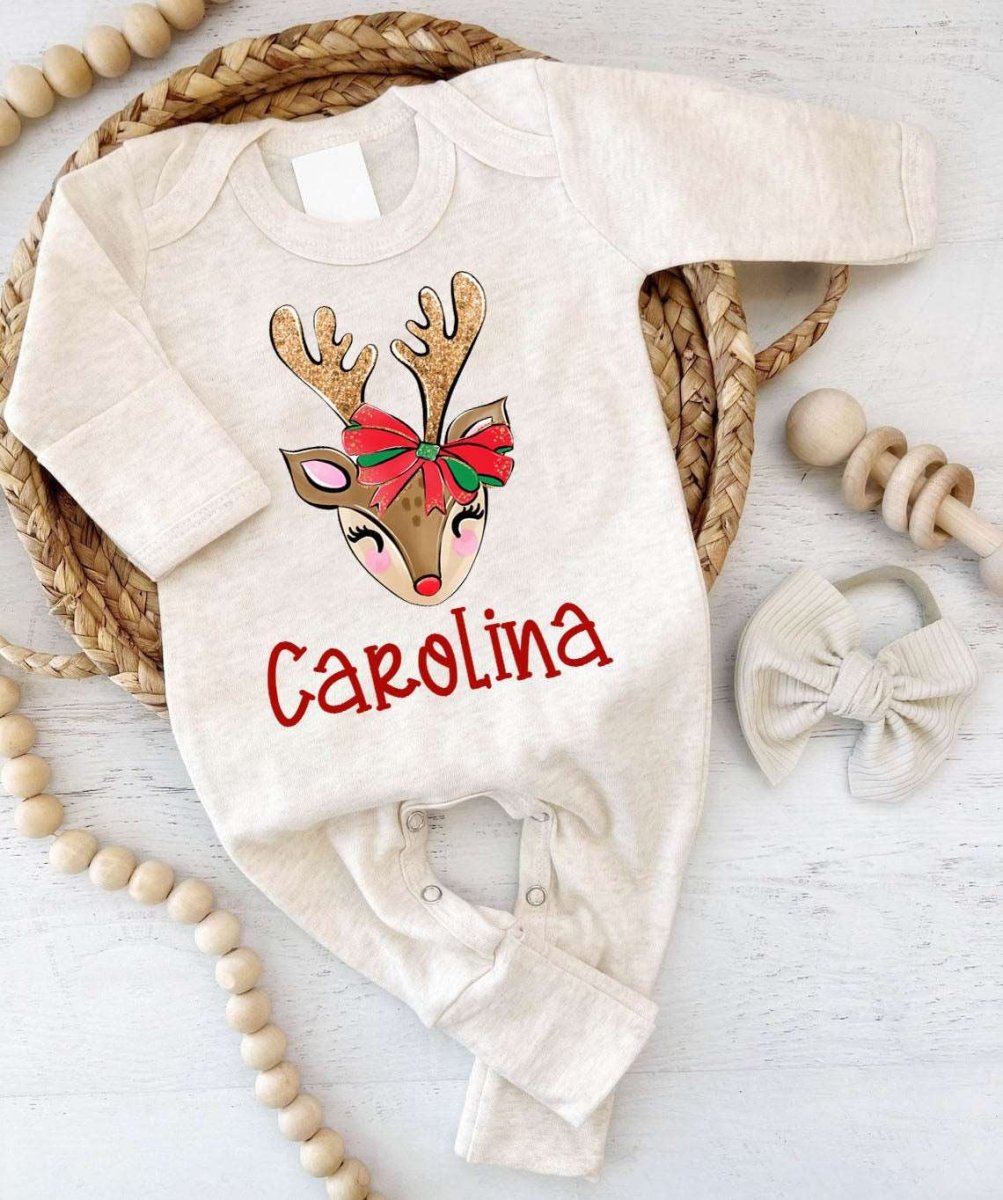 Personalized Christmas Baby Girl Romper with Bow or Hat | Oatmeal Romper Reindeer Baby Name First Christmas | Infant Christmas Clothes - BabiChic