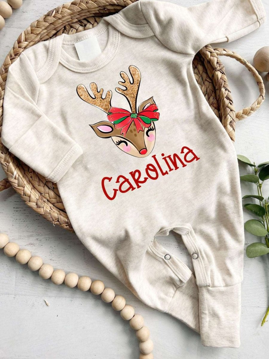 Personalized Christmas Baby Girl Romper with Bow or Hat | Oatmeal Romper Reindeer Baby Name First Christmas | Infant Christmas Clothes - BabiChic