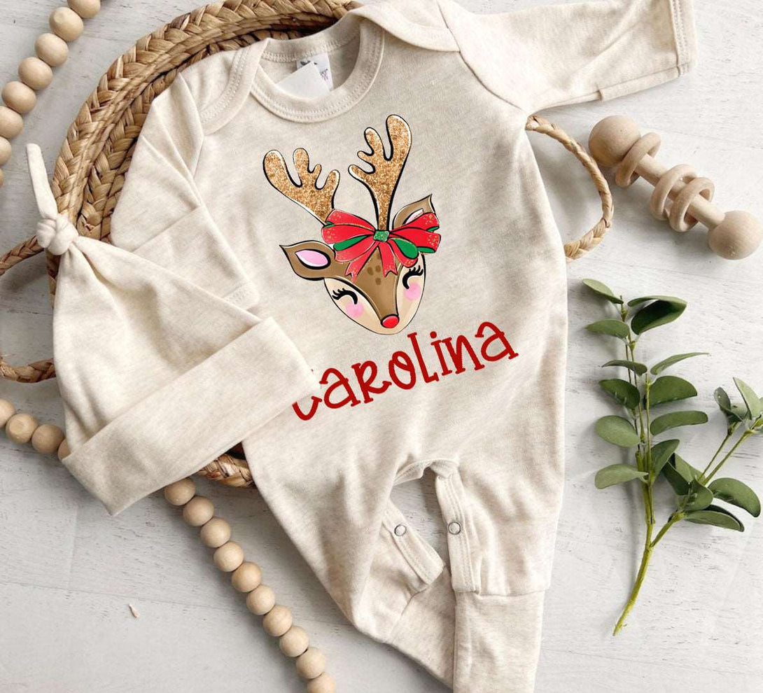 Personalized Christmas Baby Girl Romper with Bow or Hat | Oatmeal Romper Reindeer Baby Name First Christmas | Infant Christmas Clothes - BabiChic