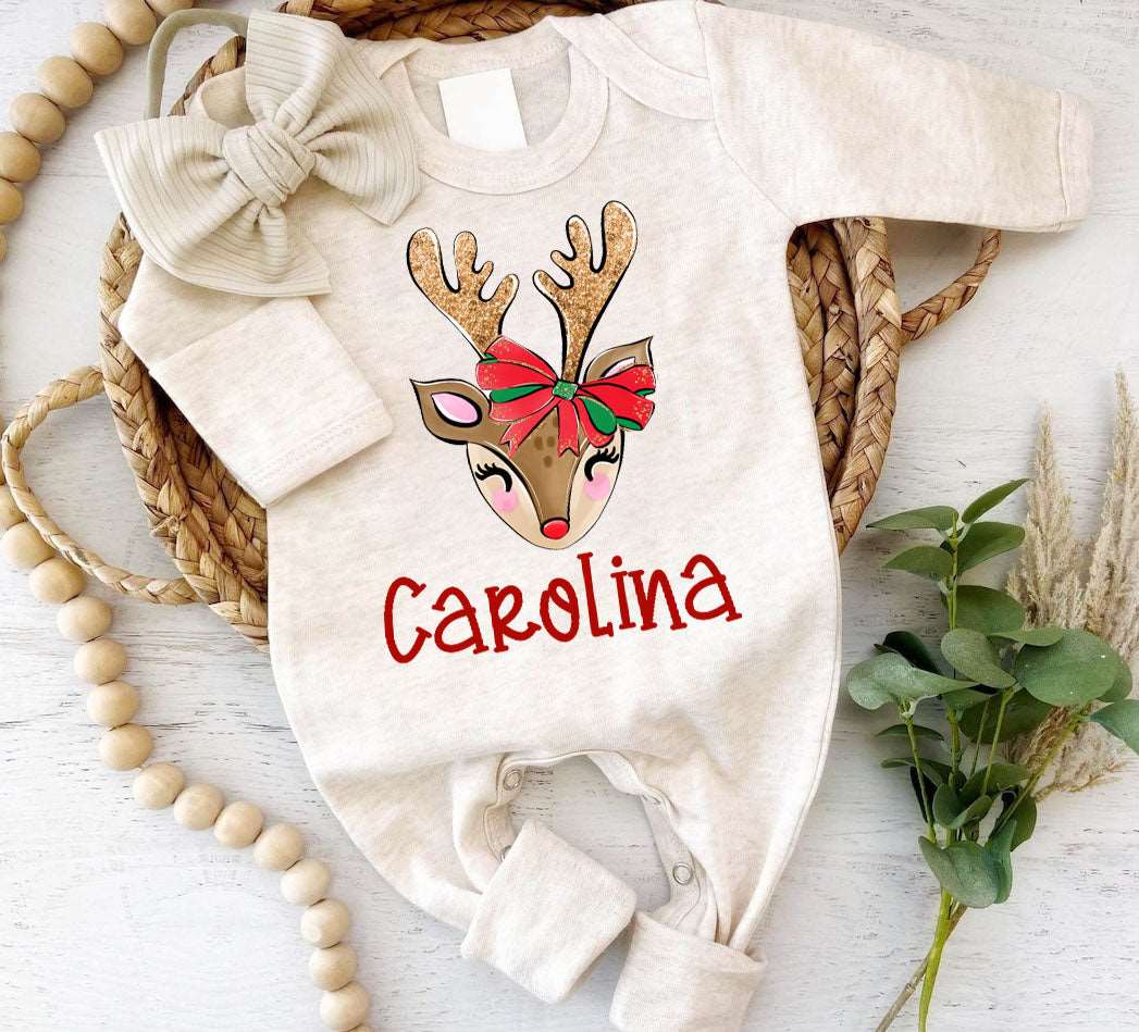 Personalized Christmas Baby Girl Romper with Bow or Hat | Oatmeal Romper Reindeer Baby Name First Christmas | Infant Christmas Clothes - BabiChic