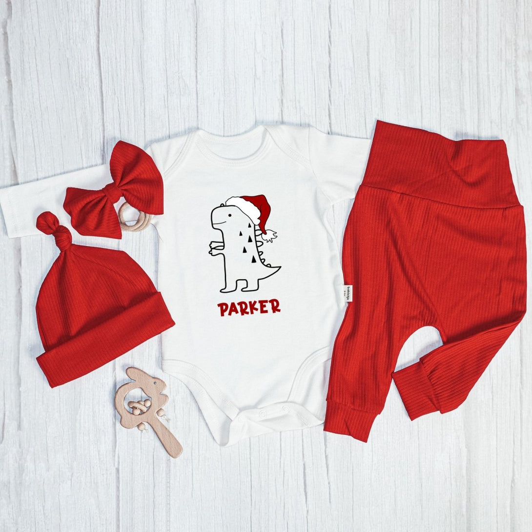 Personalized Christmas Cute T-Rex Dinosaur Baby Onesie and Long Pants Set | Custom Christmas Dinosaur Baby Bodysuit - BabiChic