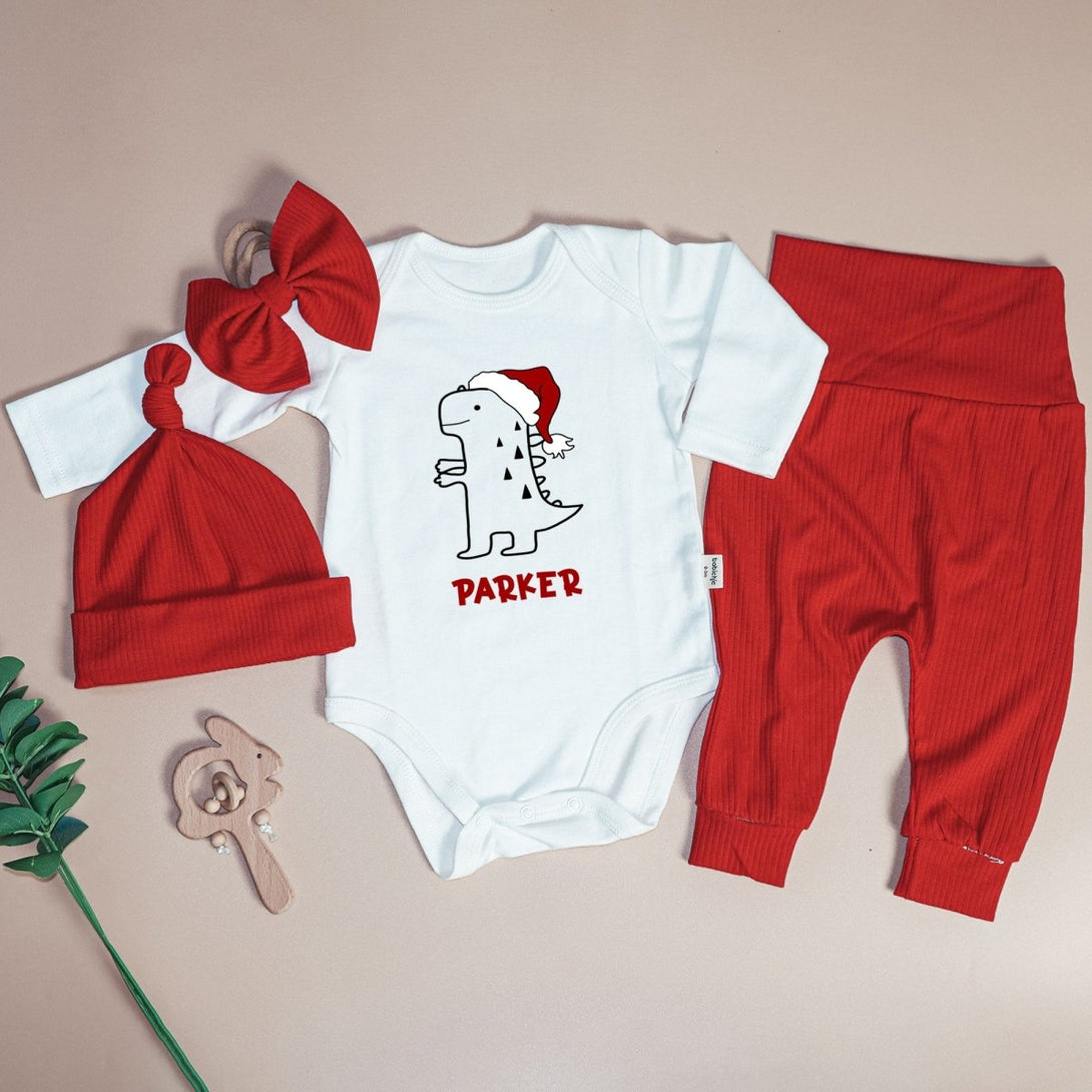 Personalized Christmas Cute T-Rex Dinosaur Baby Onesie and Long Pants Set | Custom Christmas Dinosaur Baby Bodysuit - BabiChic