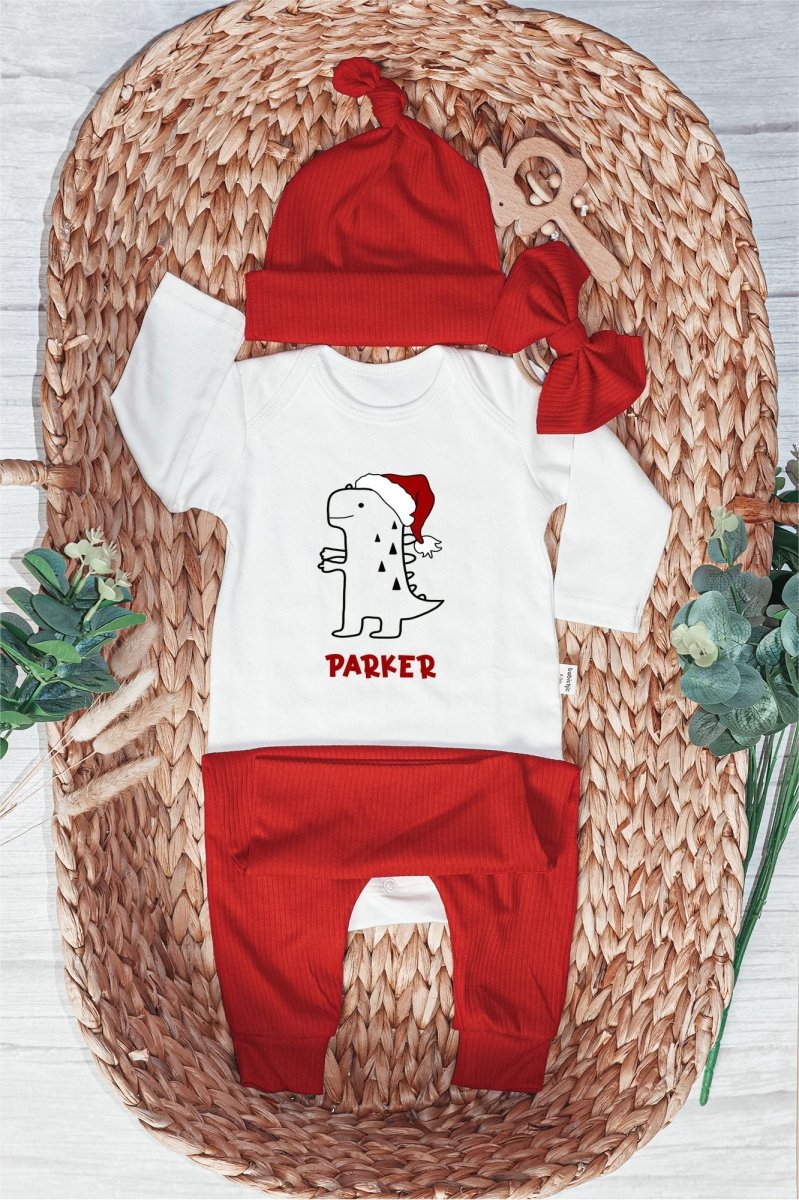 Personalized Christmas Cute T-Rex Dinosaur Baby Onesie and Long Pants Set | Custom Christmas Dinosaur Baby Bodysuit - BabiChic