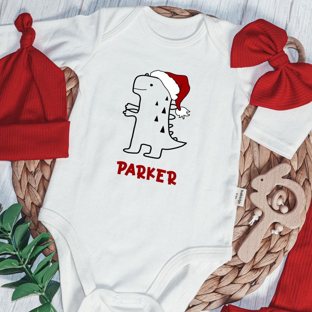 Personalized Christmas Cute T-Rex Dinosaur Baby Onesie and Long Pants Set | Custom Christmas Dinosaur Baby Bodysuit - BabiChic