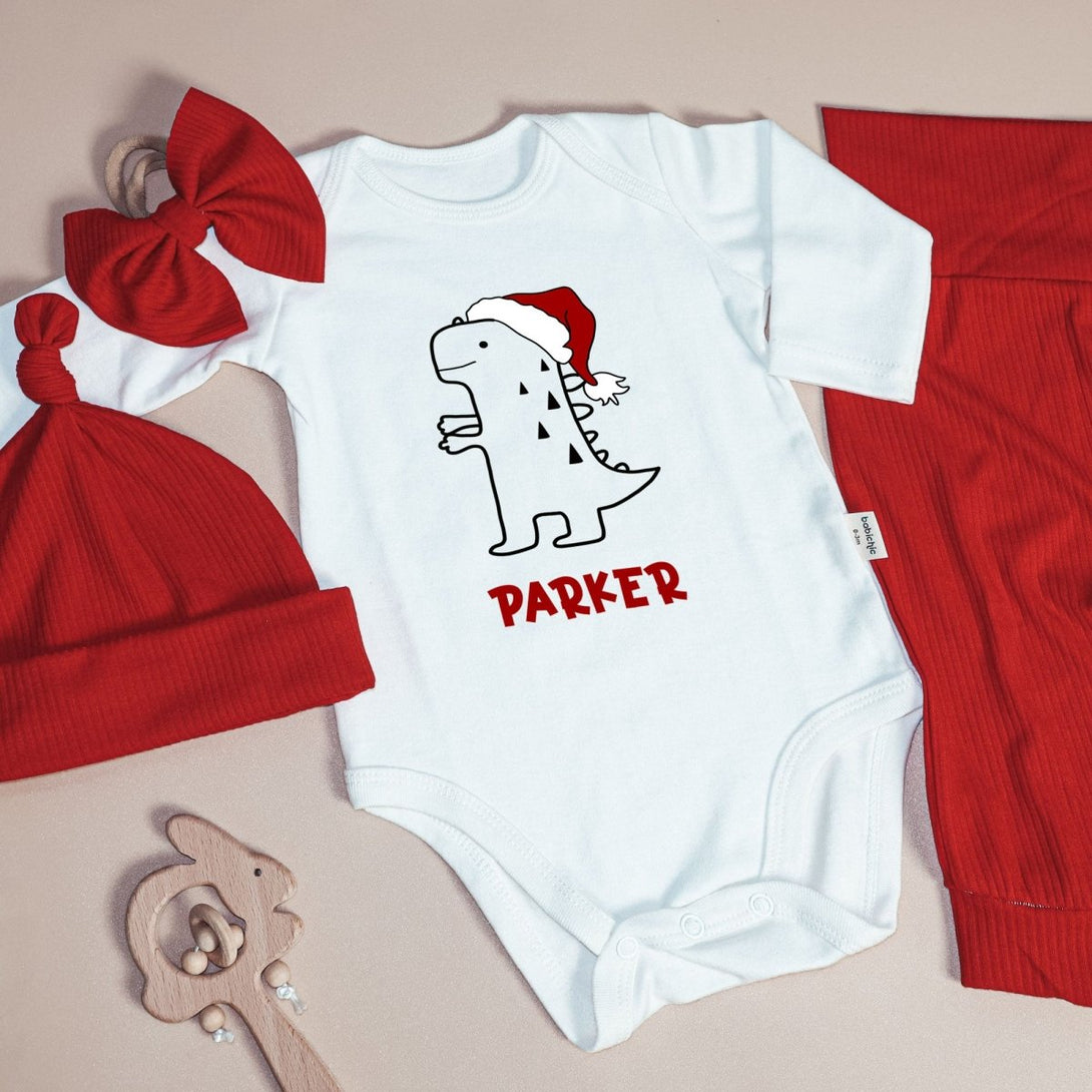 Personalized Christmas Cute T-Rex Dinosaur Baby Onesie and Long Pants Set | Custom Christmas Dinosaur Baby Bodysuit - BabiChic