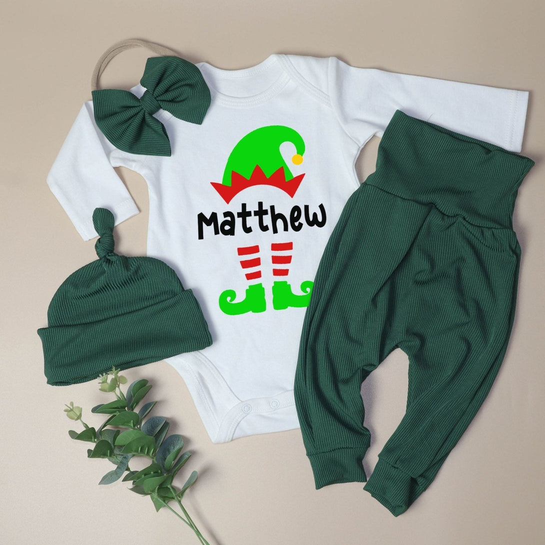 Personalized Christmas Elf Baby Onesie and Long Pants Set | Custom Elf Squad Onesie Bodysuit - BabiChic