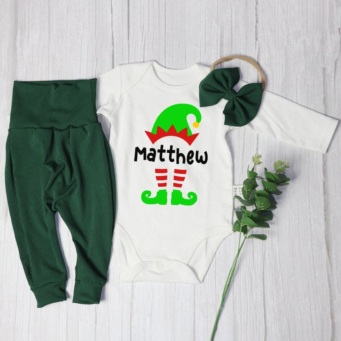 Personalized Christmas Elf Baby Onesie and Long Pants Set | Custom Elf Squad Onesie Bodysuit - BabiChic