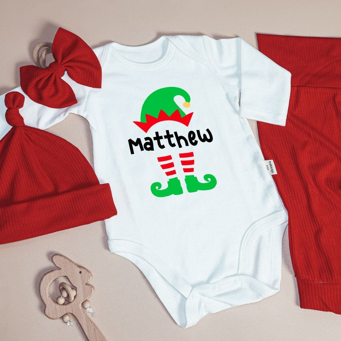 Personalized Christmas Elf Baby Onesie and Red Long Pants Set | Custom Elf Squad Onesie Bodysuit - BabiChic