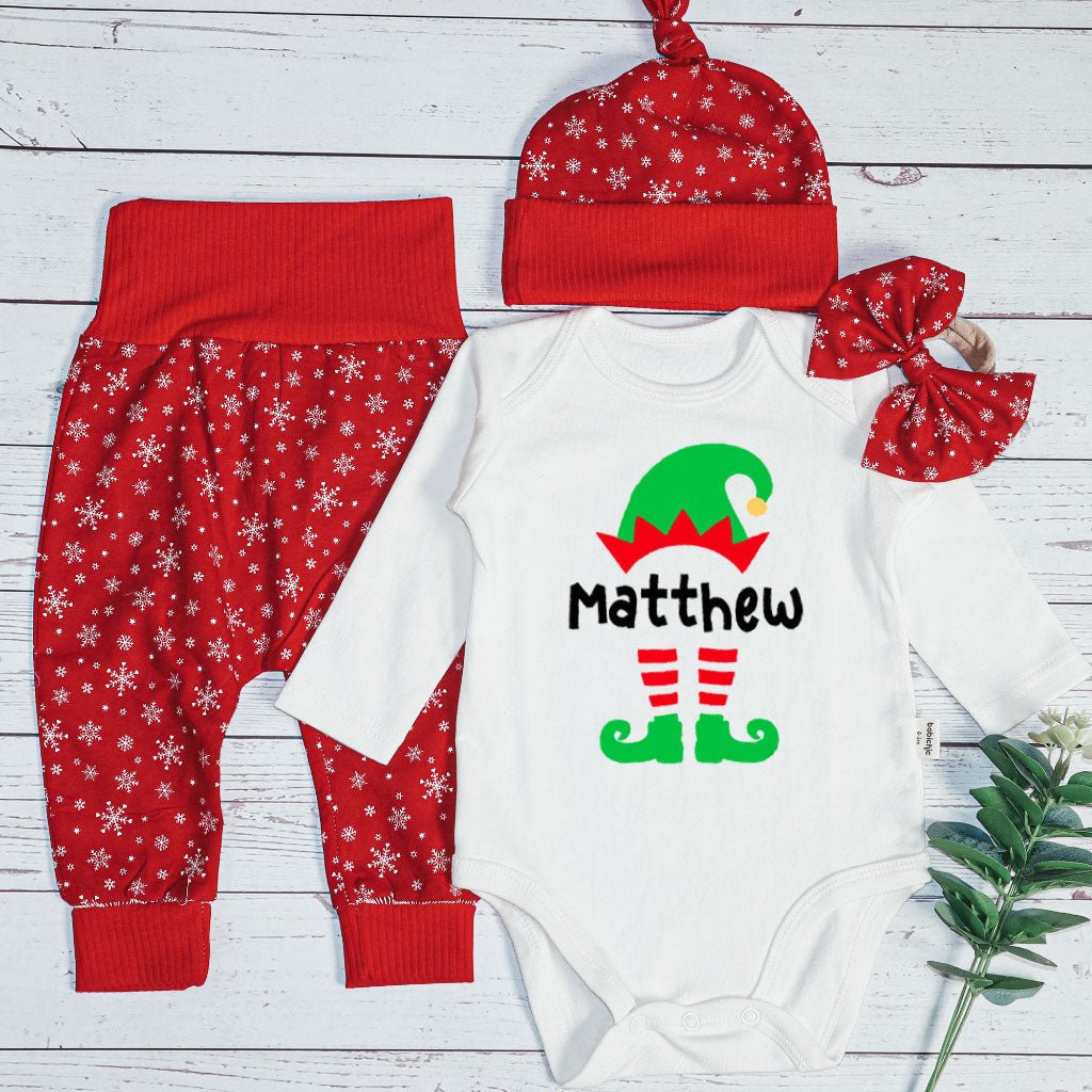 Personalized Christmas Elf Baby Onesie and Red Long Pants Set | Custom Elf Squad Onesie Bodysuit - BabiChic