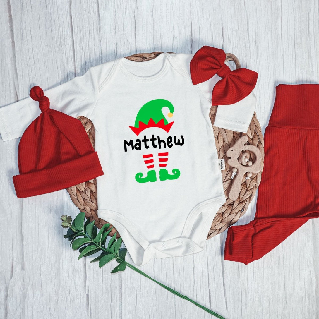 Personalized Christmas Elf Baby Onesie and Red Long Pants Set | Custom Elf Squad Onesie Bodysuit - BabiChic