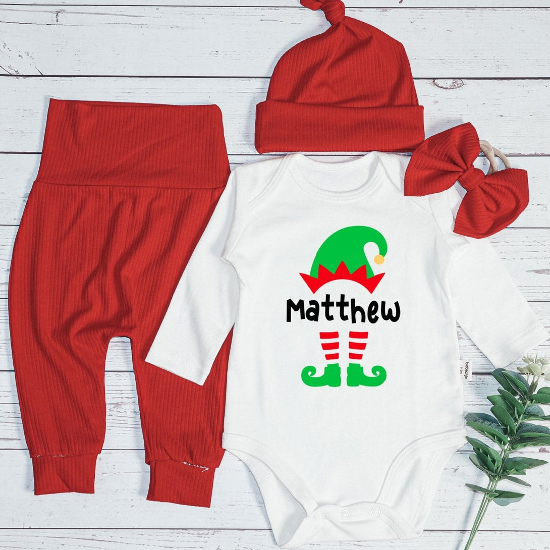 Personalized Christmas Elf Baby Onesie and Red Long Pants Set | Custom Elf Squad Onesie Bodysuit - BabiChic