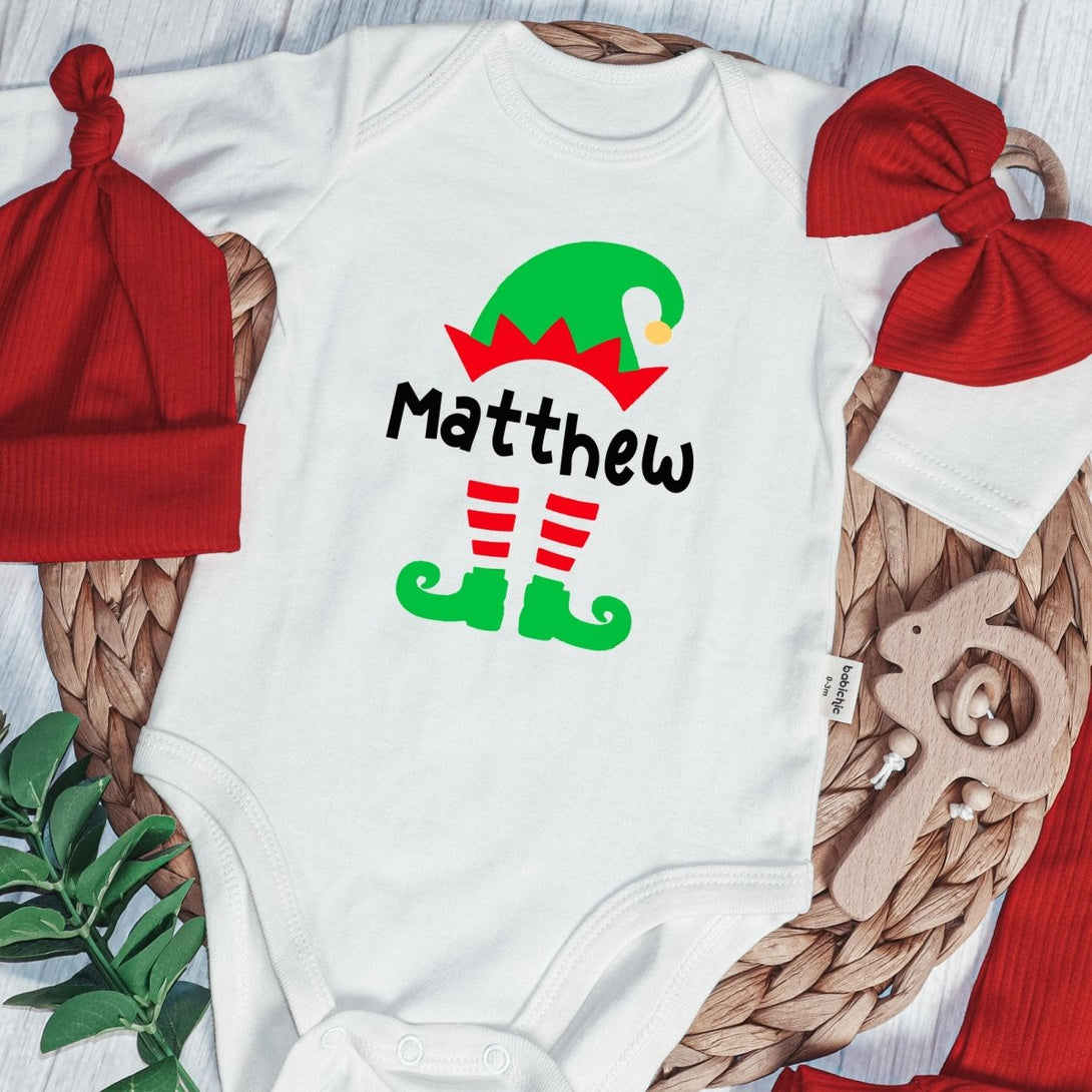 Personalized Christmas Elf Baby Onesie and Red Long Pants Set | Custom Elf Squad Onesie Bodysuit - BabiChic