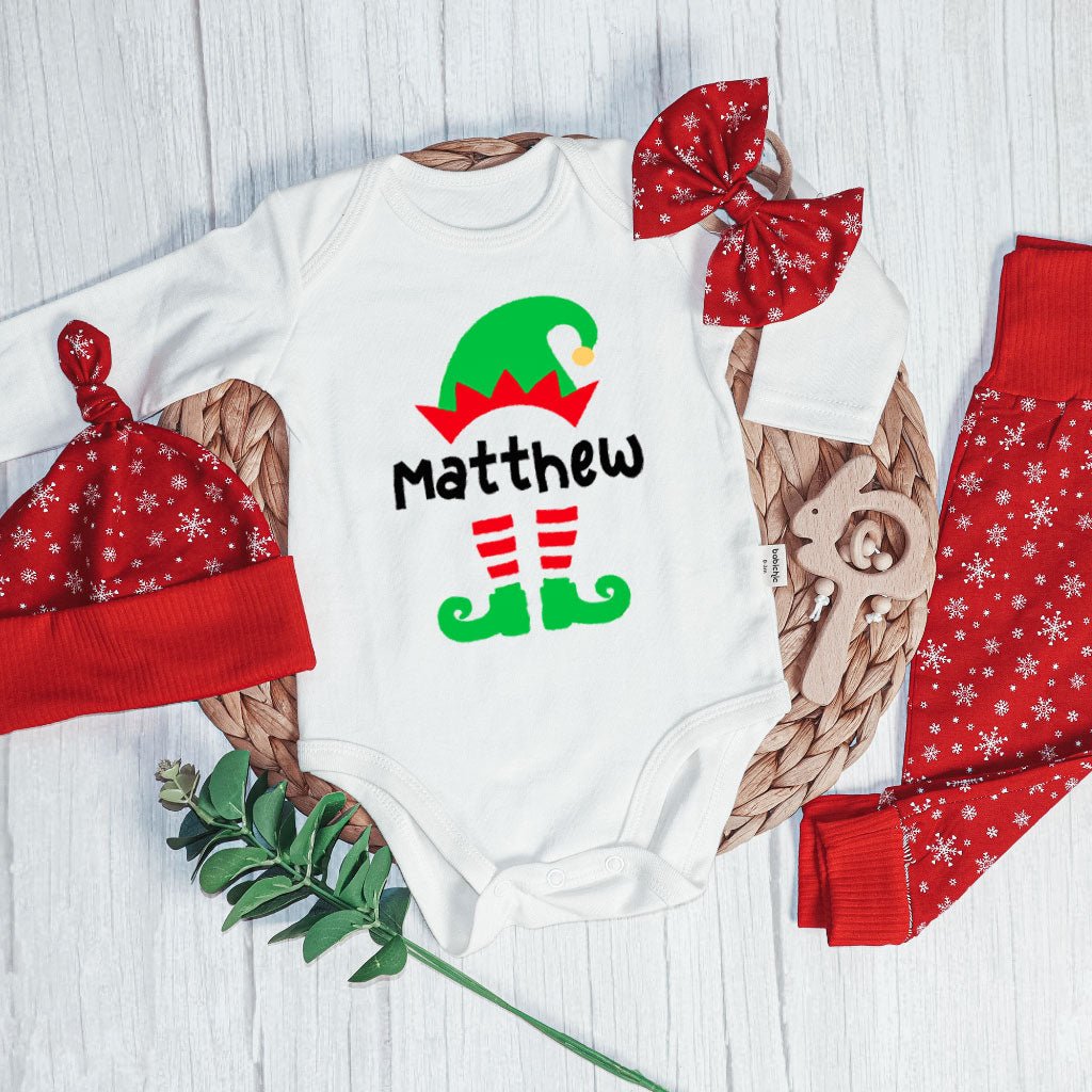 Personalized Christmas Elf Baby Onesie and Red Long Pants Set | Custom Elf Squad Onesie Bodysuit - BabiChic