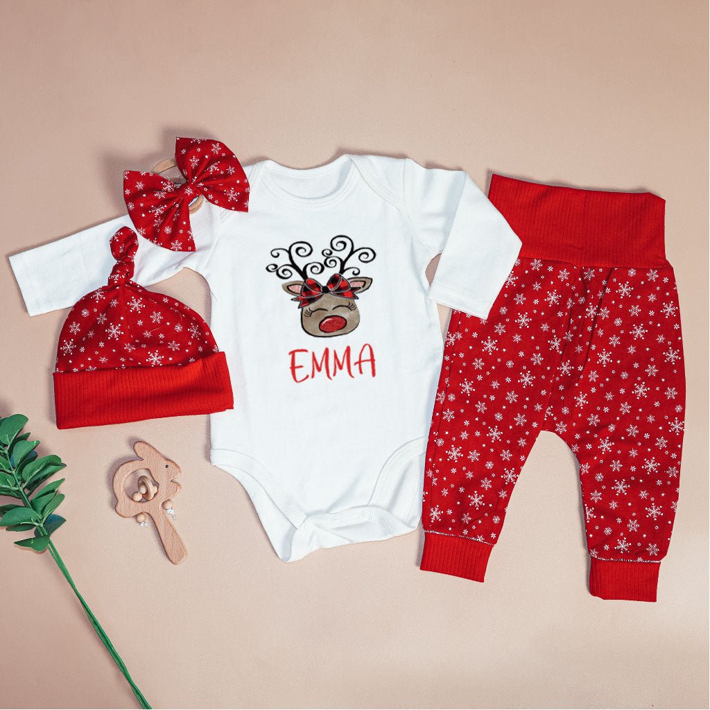 Personalized Christmas Infant Girl Onesies and Long Pants Set | Custom Newborn Onesie 1st Xmas Reindeer Baby Name | Infant Christmas Outfit - BabiChic