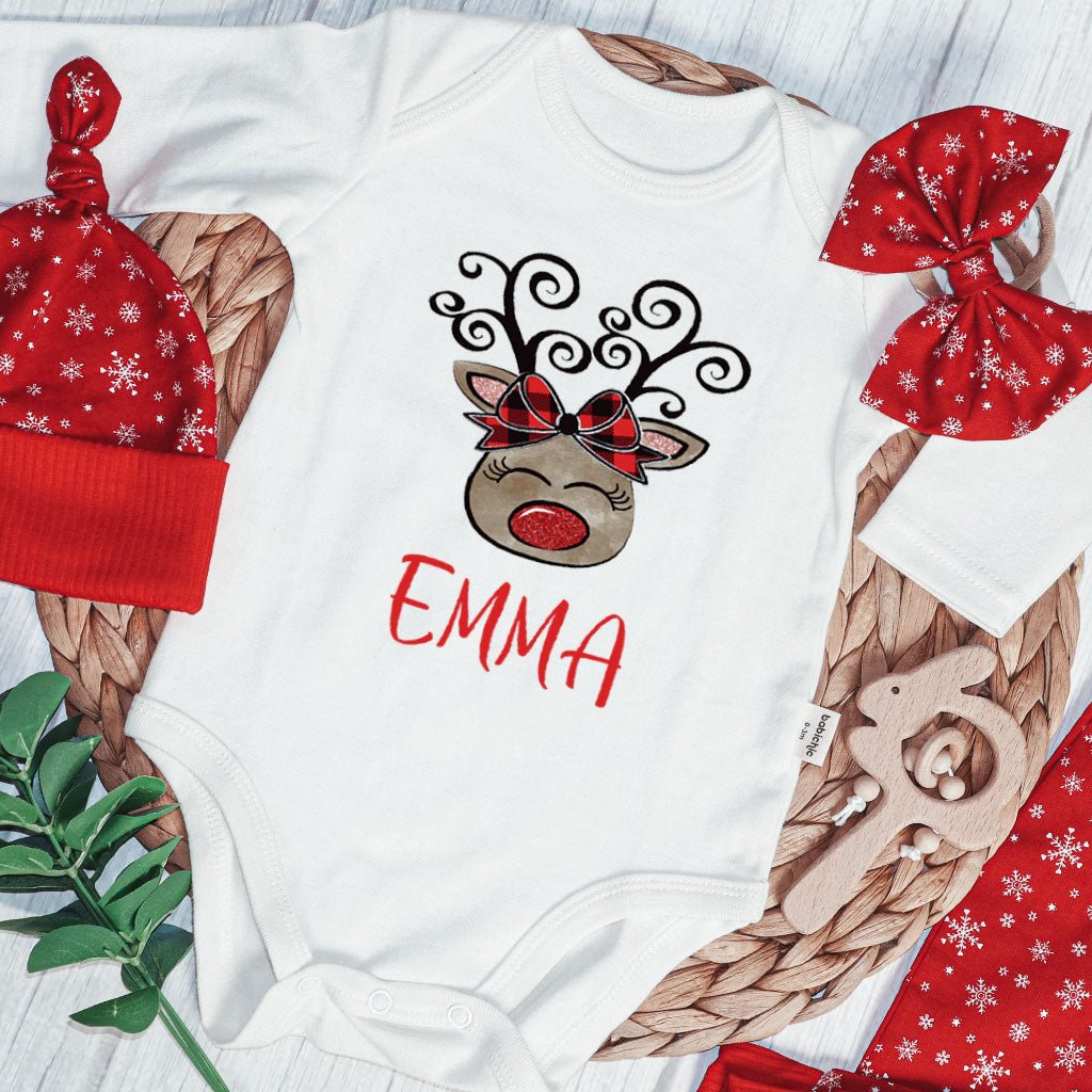 Personalized Christmas Infant Girl Onesies and Long Pants Set | Custom Newborn Onesie 1st Xmas Reindeer Baby Name | Infant Christmas Outfit - BabiChic