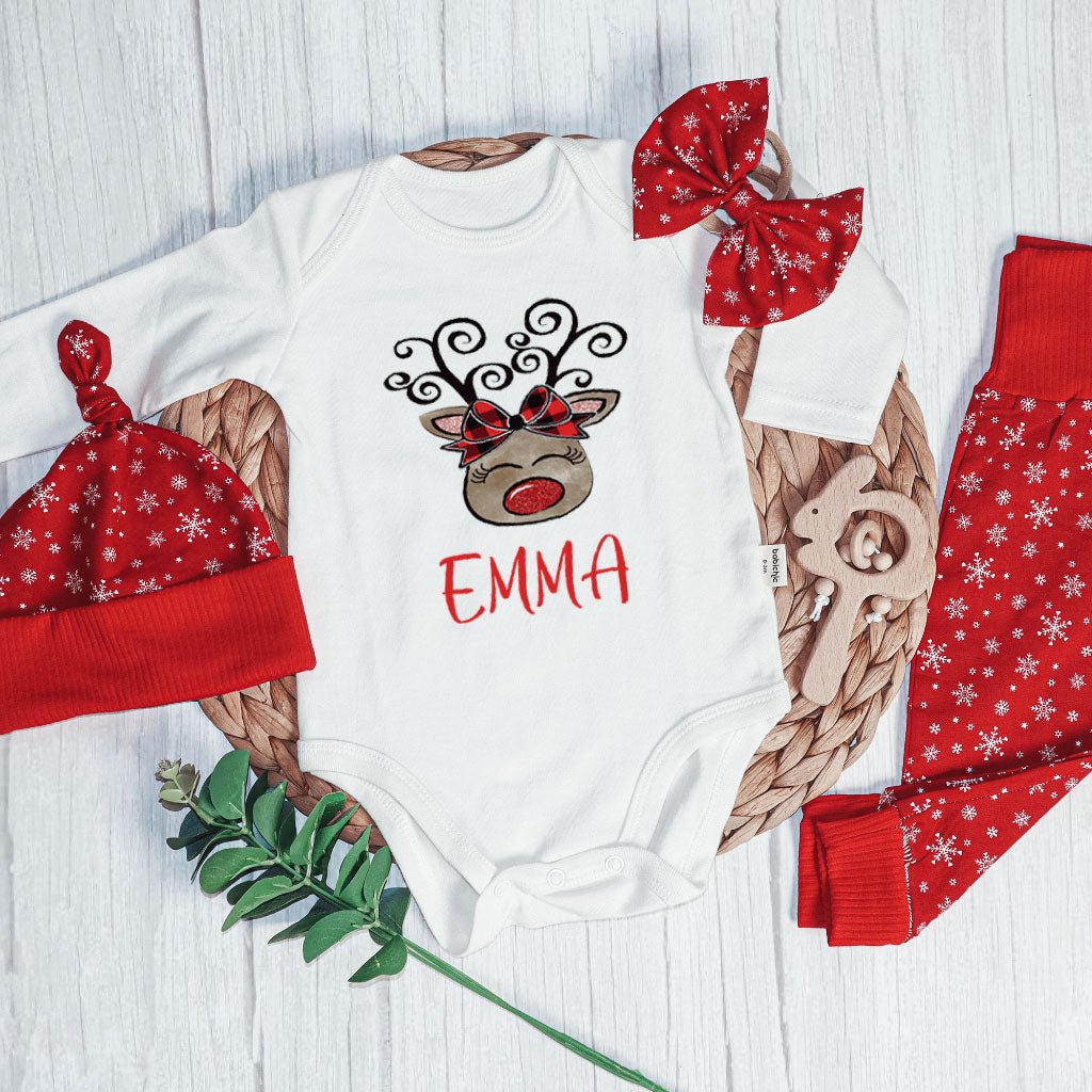 Personalized Christmas Infant Girl Onesies and Long Pants Set | Custom Newborn Onesie 1st Xmas Reindeer Baby Name | Infant Christmas Outfit - BabiChic