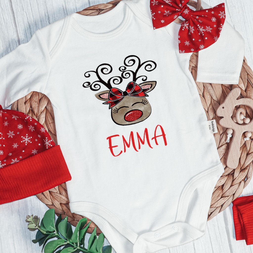 Personalized Christmas Infant Girl Onesies and Long Pants Set | Custom Newborn Onesie 1st Xmas Reindeer Baby Name | Infant Christmas Outfit - BabiChic