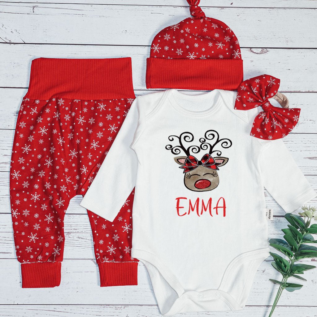 Personalized Christmas Infant Girl Onesies and Long Pants Set | Custom Newborn Onesie 1st Xmas Reindeer Baby Name | Infant Christmas Outfit - BabiChic