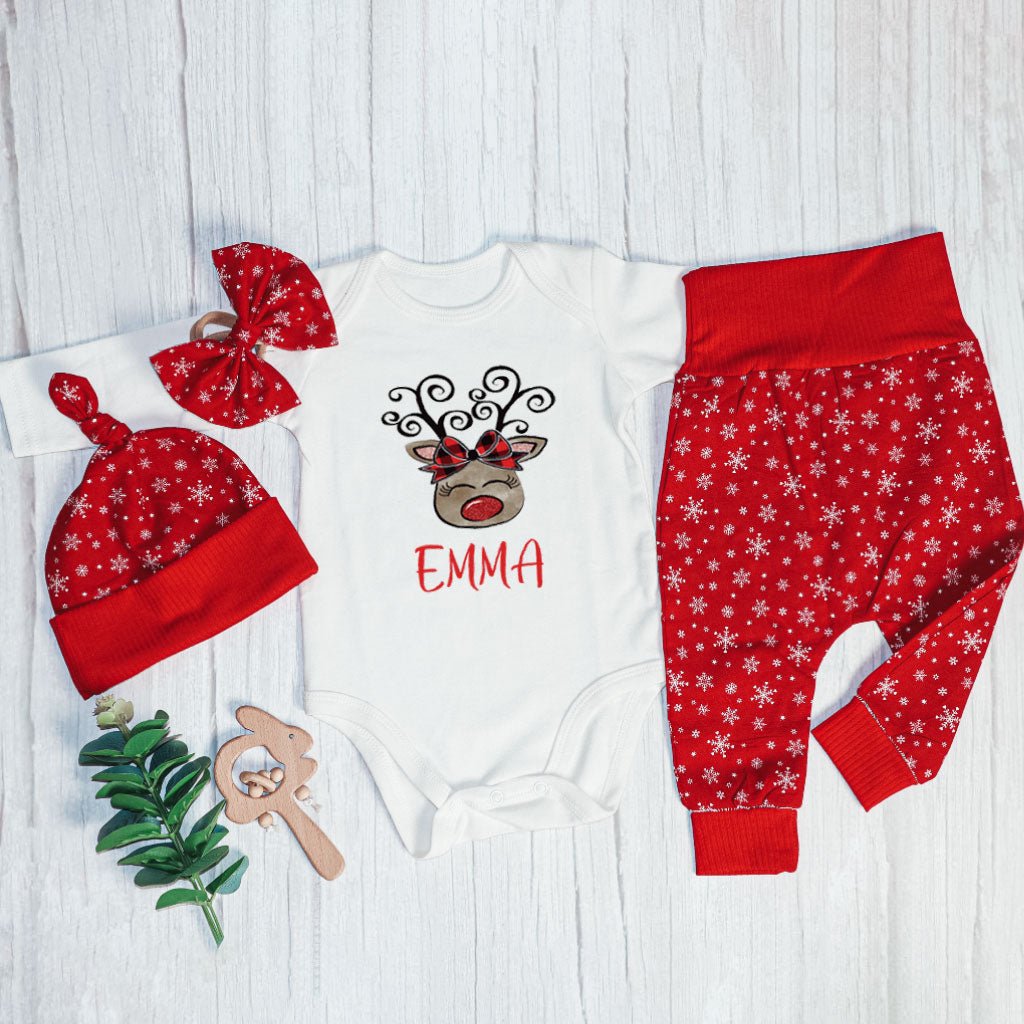 Personalized Christmas Infant Girl Onesies and Long Pants Set | Custom Newborn Onesie 1st Xmas Reindeer Baby Name | Infant Christmas Outfit - BabiChic