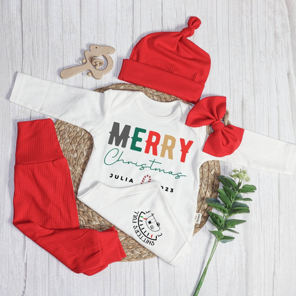 Personalized Christmas Merry Christmas Shitter's Full Baby Onesie and Long Pants Set | Baby's First Christmas Bodysuit - BabiChic