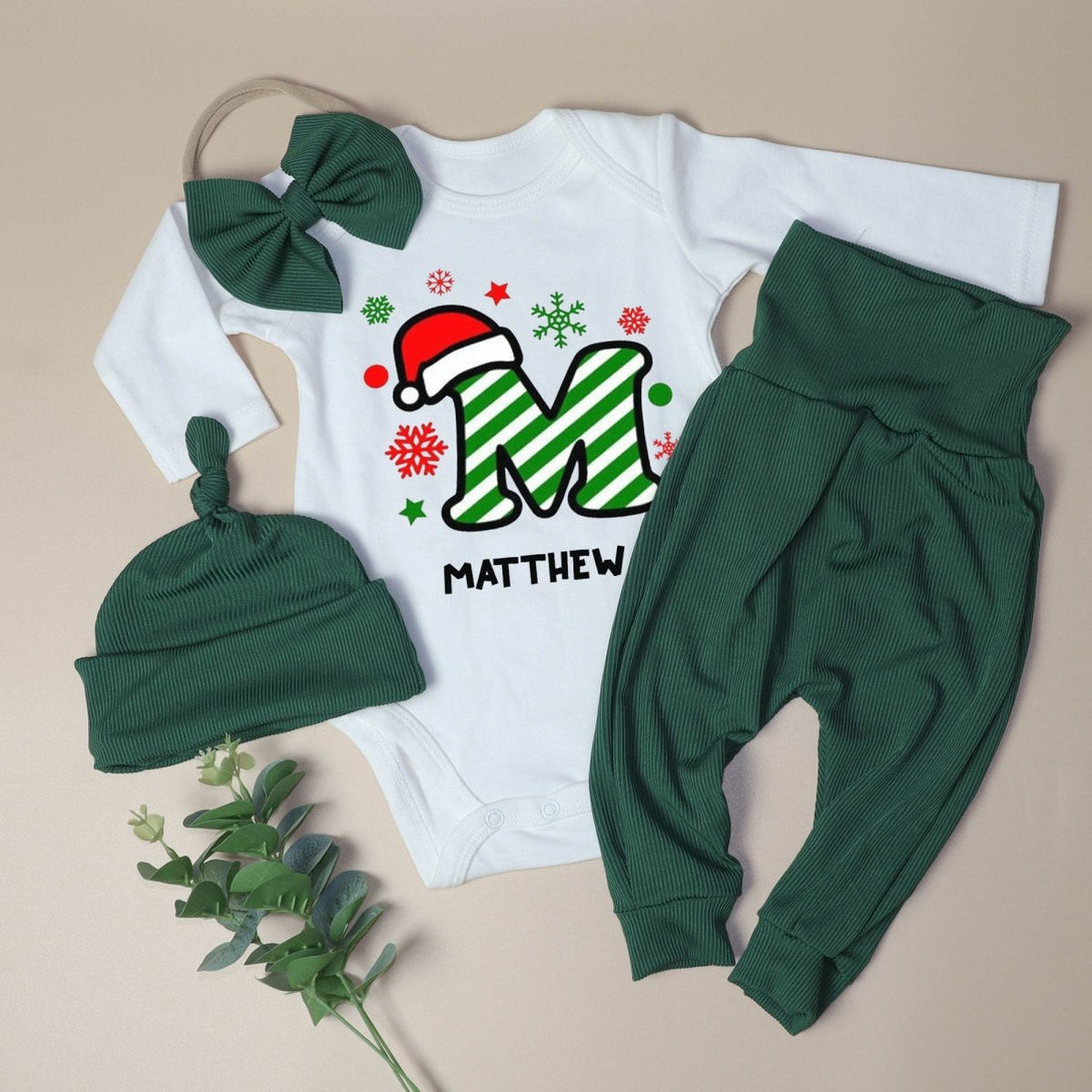 Personalized Christmas Monogram Alphabet Baby Onesie and Long Pants | Custom Letter Name Bodysuit - BabiChic