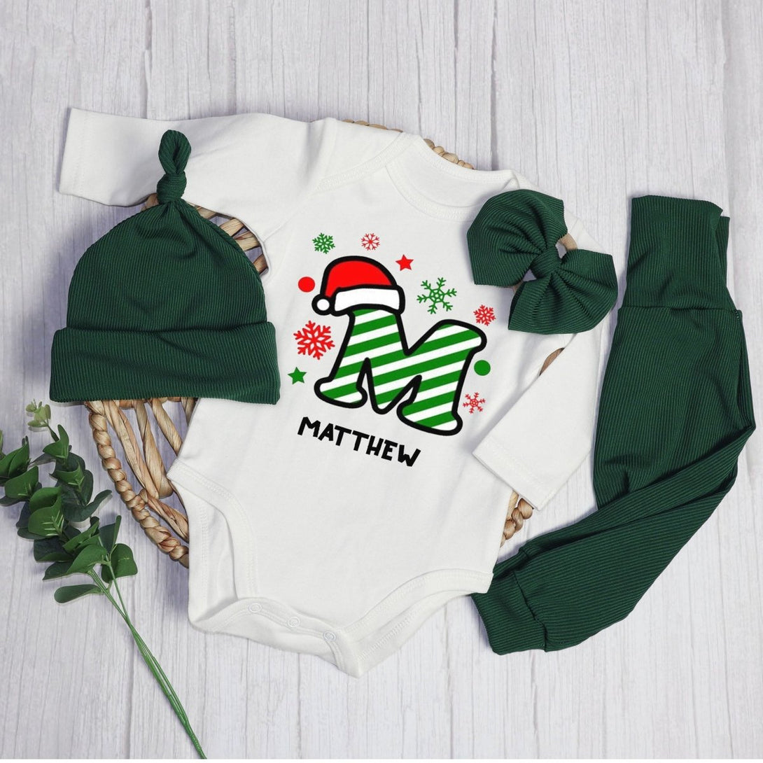 Personalized Christmas Monogram Alphabet Baby Onesie and Long Pants | Custom Letter Name Bodysuit - BabiChic