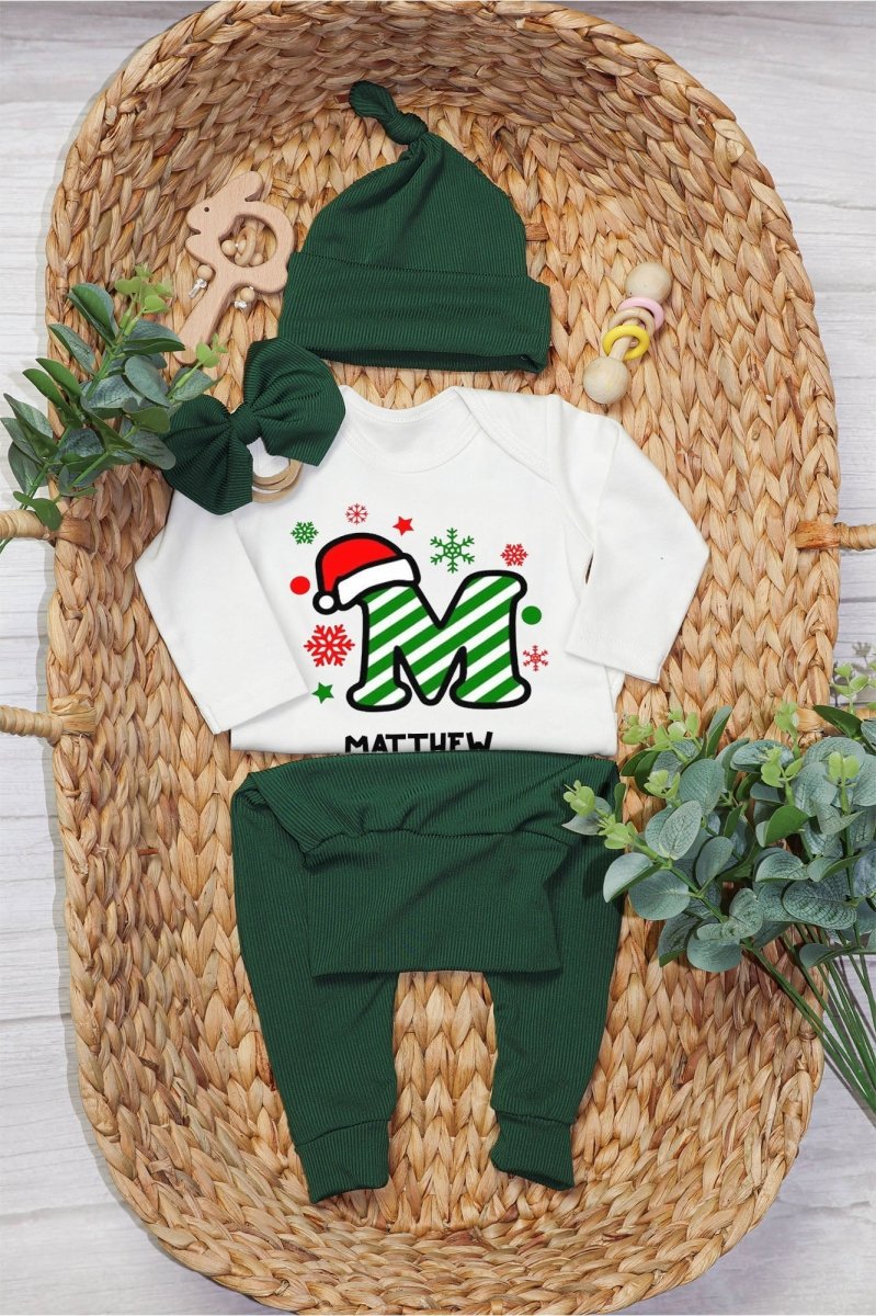 Personalized Christmas Monogram Alphabet Baby Onesie and Long Pants | Custom Letter Name Bodysuit - BabiChic