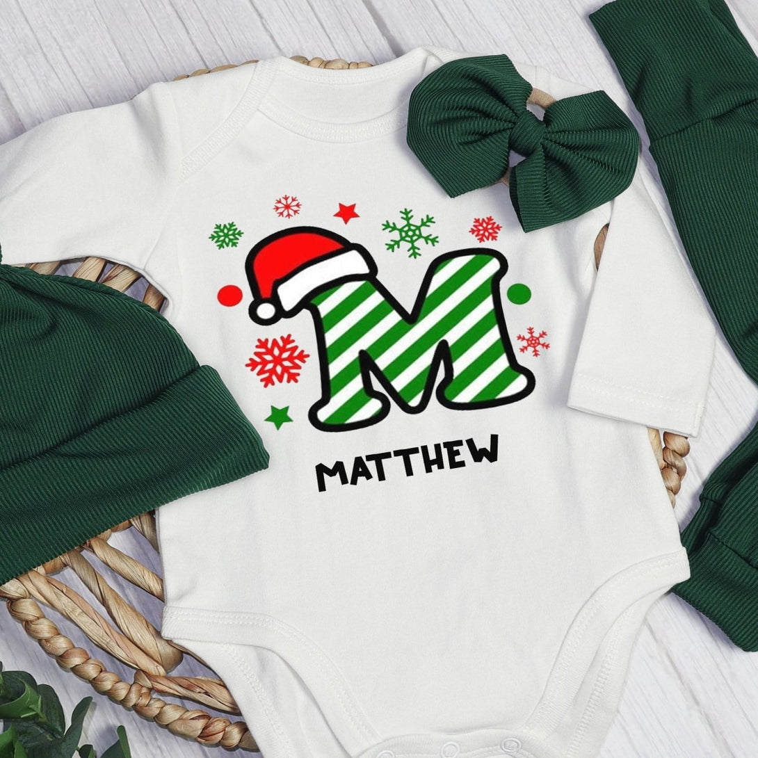 Personalized Christmas Monogram Alphabet Baby Onesie and Long Pants | Custom Letter Name Bodysuit - BabiChic