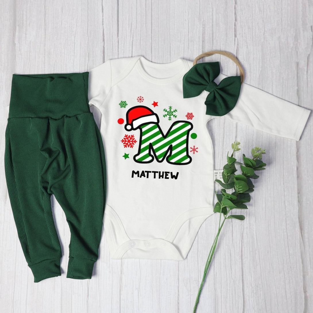 Personalized Christmas Monogram Alphabet Baby Onesie and Long Pants | Custom Letter Name Bodysuit - BabiChic