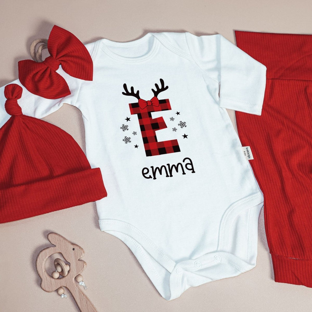 Personalized Christmas Monogram Alphabet Baby Onesie and Red Long Pants | Custom Buffalo Plaid Letter Name Bodysuit - BabiChic