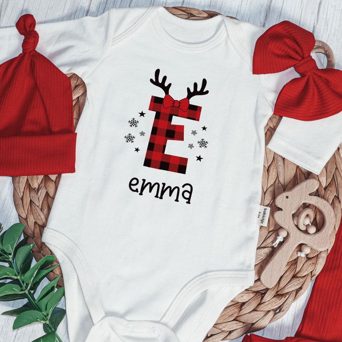 Personalized Christmas Monogram Alphabet Baby Onesie and Red Long Pants | Custom Buffalo Plaid Letter Name Bodysuit - BabiChic